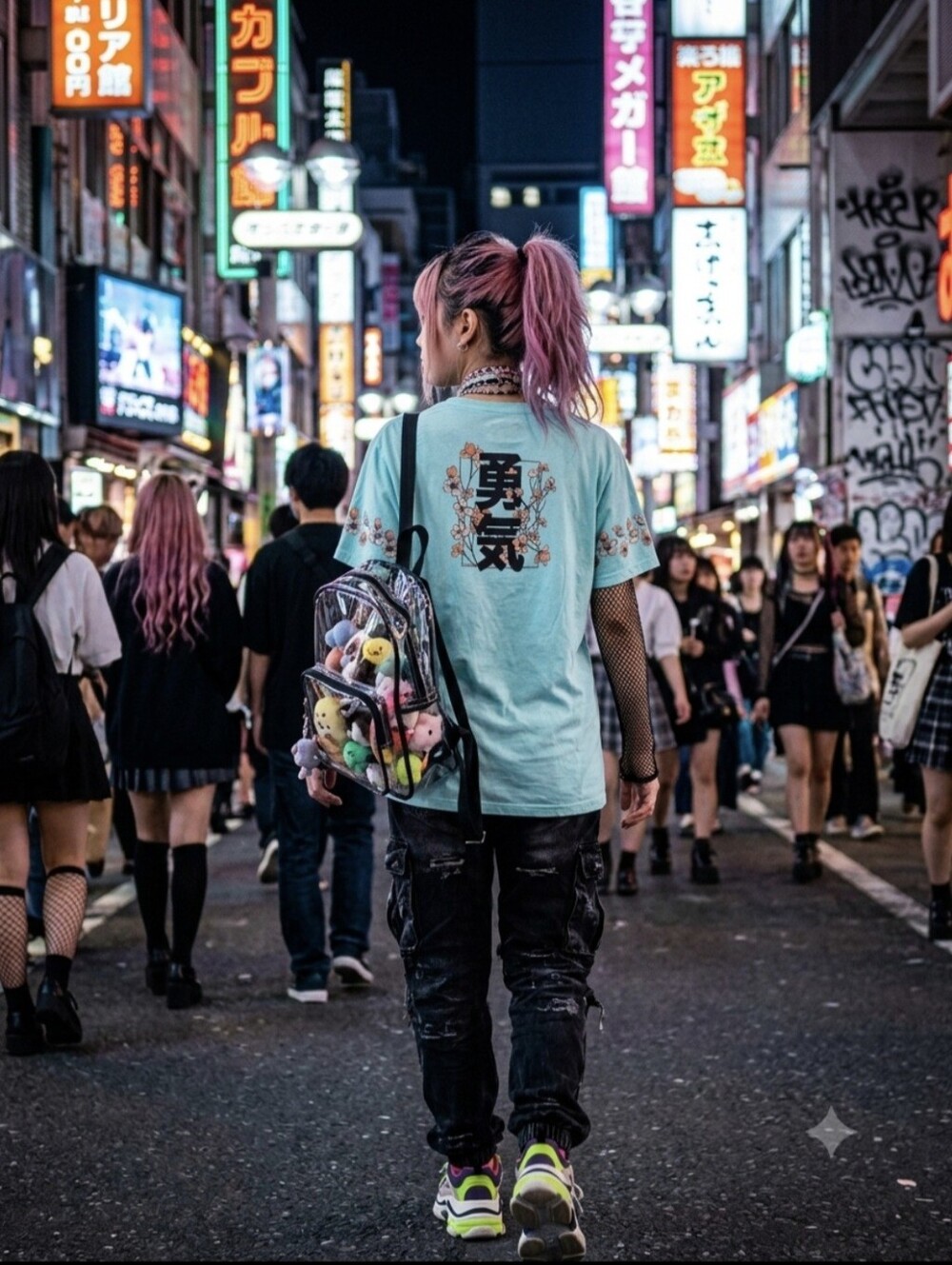 WXYZ Aqua Sakura Cherry Blossom Kanji Courage Light Blue Japanese Graphic Tee